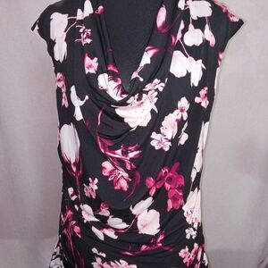 Worthington Black and Vibrant Pink Floral Blouse Cowl Neck Petite M Beautiful!!